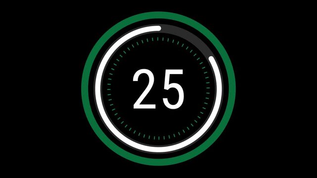 30-second sleek green and white countdown with a rotating dashed inner ring, a pulsating outer circle, and a decreasing time gauge on a black background. 4K Motion Graphics.