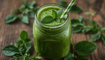 Verdant Elixir. A Symphony of Greens in a Glass Vessel, Enhanced by Light.