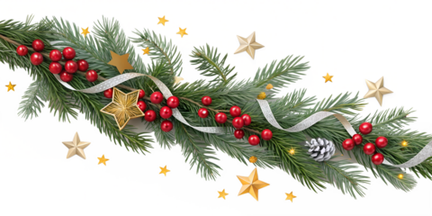 Festive evergreen garland adorned with bright red berries, golden stars, silver ribbon, and snowy pinecone, isolated on a transparent background for holiday design.