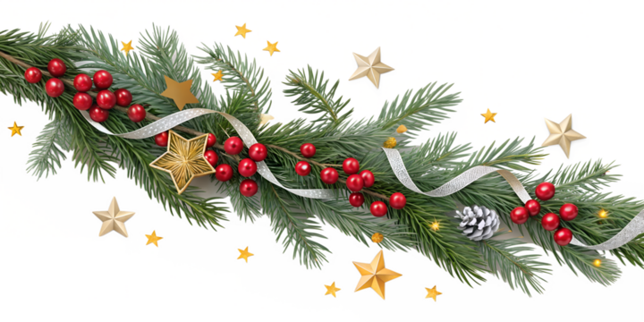 Festive evergreen garland adorned with bright red berries, golden stars, silver ribbon, and snowy pinecone, isolated on a transparent background for holiday design.