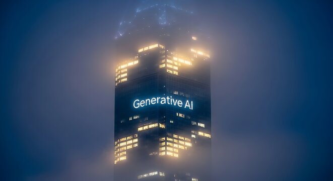 Generative AI Illuminates the Night Sky on a Modern Skyscraper.