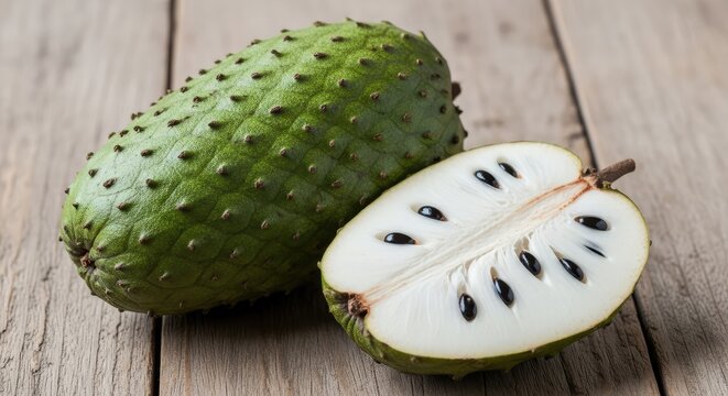 kiwi fruit A whole soursop and a sliced piece showing its white, fibrous flesh on a wooden surface.