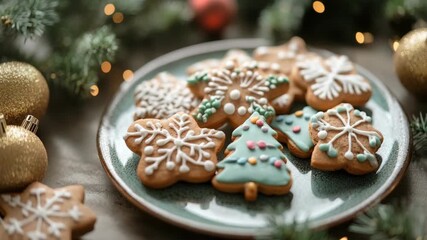 Christmas cookies artfully arranged on a plate with festive decorations. The scene is warm and inviting, perfect for the holiday season - Powered by Adobe