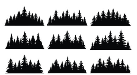 Vector art of silhouetted forest tree line, depicting nature, wilderness, and the serene beauty of woodland landscapes in minimalist design