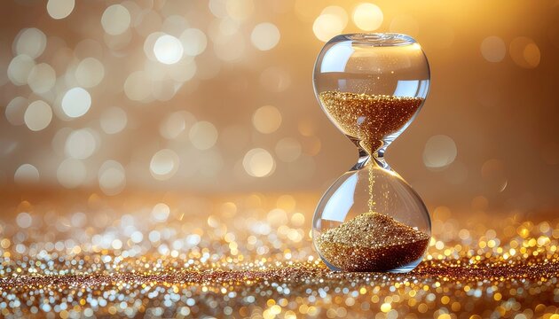 Golden hourglass ticking away time with shimmering bokeh, reminding of deadlines
