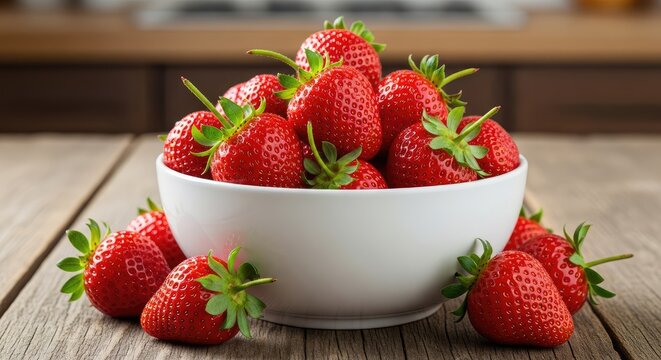 Fresh strawberries in a white bowl on a rustic wooden table