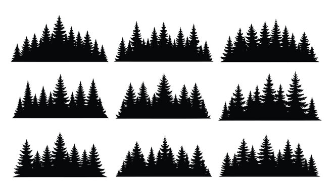 Vector art of silhouetted forest tree line, depicting nature, wilderness, and the serene beauty of woodland landscapes in minimalist design - Powered by Adobe