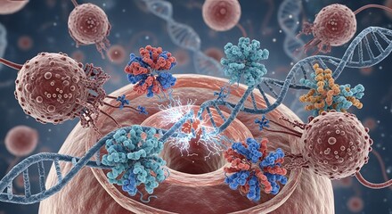A detailed digital illustration showing the interaction between viruses, DNA strands, and cellular structures emphasizing molecular biology processes