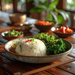 Close Up Asian Cuisine Dish On Table With Rice Green Vegetables And Various Appetizers