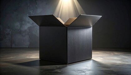 Open Black Cardboard Box Illuminated From Above on a Concrete Surface