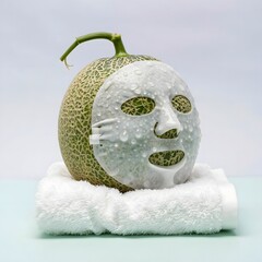 A cantaloupe wearing a facial mask on a white towel, isolated on white background