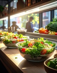 Fresh Salad Bowls Displayed on Wooden Countertop with Blurred Background and Warm Lighting