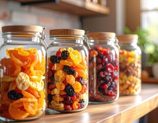 Close Up View of Glass Jars Filled with Assorted Dried Fruits and Nuts Displayed on Wooden Surface