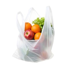 Plastic bag filled with fresh fruits and vegetables isolated on white background