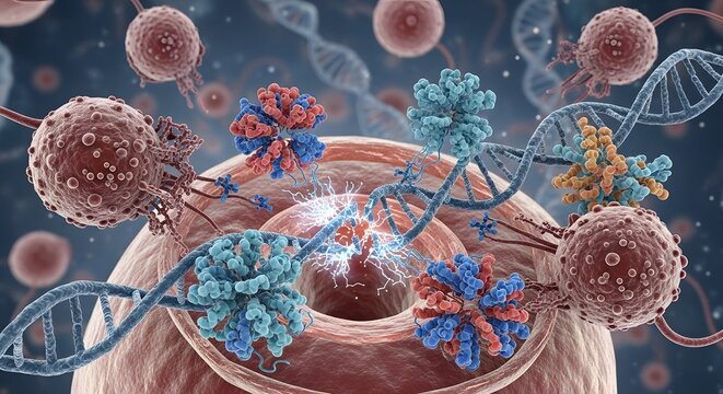 A detailed digital illustration showing the interaction between viruses, DNA strands, and cellular structures emphasizing molecular biology processes