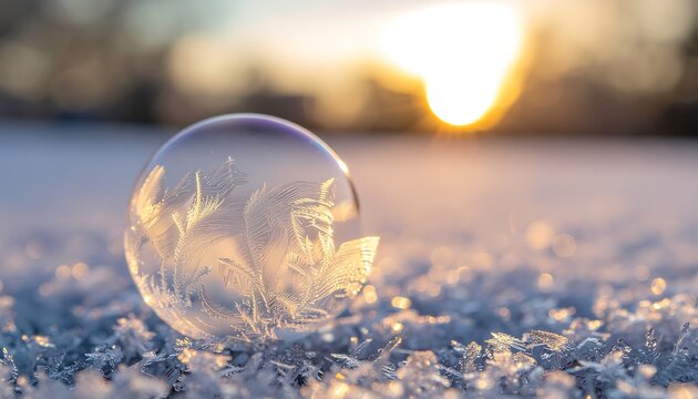 Frozen soap bubble with intricate ice crystals sparkles in the winter sunlight glow
