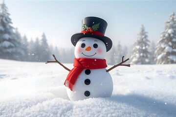Obraz premium Joyful snowman with top hat and scarf smiles warmly in a festive winter wonderland forest setting with falling snow