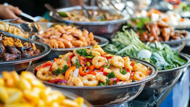 A vibrant display of various prepared dishes, showcasing a colorful food market