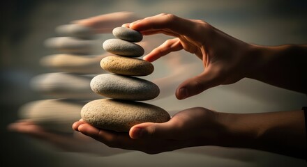 Close-up of two hands carefully balancing a stack of smooth stones on one palm with blurred background.