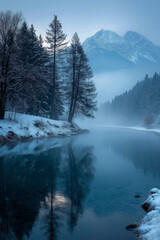 Snowy Mountain Peak Over Cold Blue Lake With Pine Forest And Misty Fog