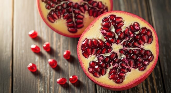 A pomegranate cut open showing bright red seeds on a wooden table