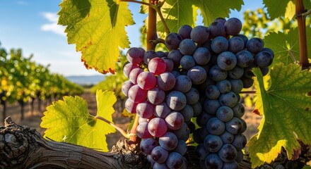 A bunch of purple grapes hanging on a vine in the vineyard.