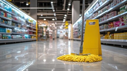 Bright yellow mop stands on shiny floor in grocery aisle, showcasing cleaning equipment, organized products, and well-lit shopping environment with shelves stocked