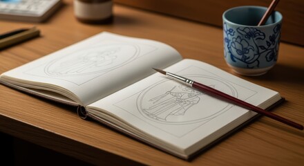 Sketchbook with ink drawings and paintbrush on wooden desk