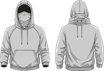 Hoodie sweatshirt technical flat sketch, vector fashion design, face mask hooded pullover, front and back view, apparel illustration template, CAD drawing