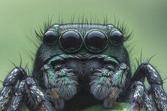 Extreme close up macro shot of a black jumping spider with large iridescent green eyes and hairy legs on a blurred green background