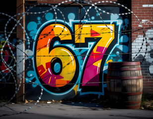 The number "67" depicted as large, vibrant graffiti on a dark wall, enclosed by barbed wire, with a wooden barrel sitting nearby, suggesting an urban, possibly gritty, environment.