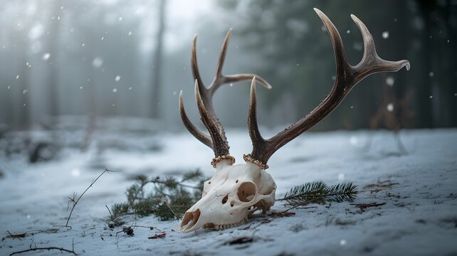 Winter's Embrace A Deer Skull's Silent Story in a Snowy Scene