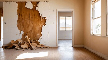 Interior Demolition Stripped Wall Reveals Wood Sunlight on Hardwood Floor.