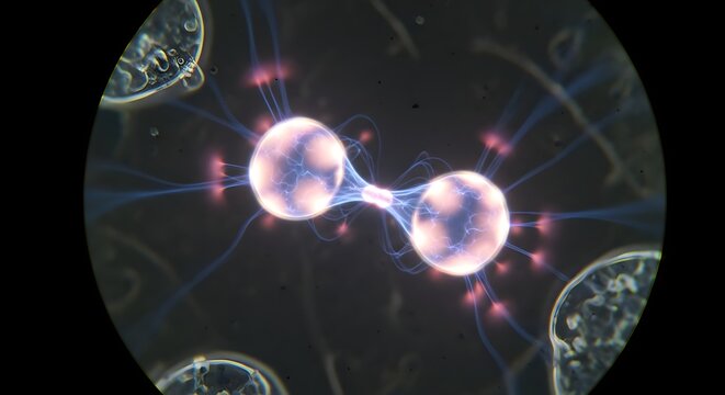 A highly detailed close-up of a biological cell undergoing electrical stimulation, revealing intricate internal structures and glowing connections in a scientific visualization