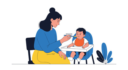 A mother lovingly feeds her baby solid food from a spoon while the baby sits comfortably in a high chair, illustrating early childhood nutrition and care.
