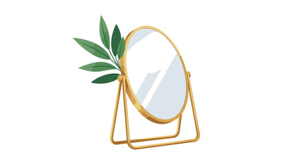 Fototapeta premium A beautiful golden-framed oval mirror is presented with fresh green foliage peeking from behind, set against a pristine white background, perfect for beauty and decorative themes.