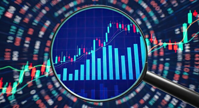 Magnifying glass focusing on a stock market chart with upward trending bars and lines, set against a dynamic background of binary code and financial data points