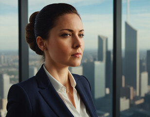 Portrait of a businessman, viewed from a high-rise office with a city panorama. Generative artificial intelligence