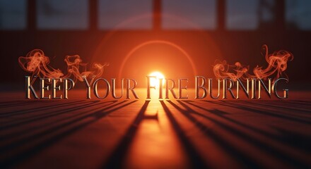 A motivational image with the message 'Keep Your Fire Burning' displayed in front of a glowing sun and warm lighting, inspiring perseverance and passion