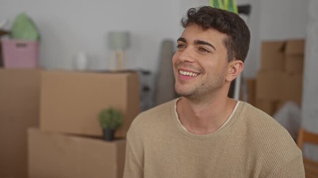 Man touches face while smiling in home where young hispanic remembers moving boxes and guy imagines house.