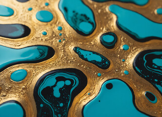 A work of art with turquoise, black and gold patterns that create a visual effect on a smooth surface. Generative AI