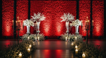 A captivating wedding aisle adorned with vibrant red flowers, elegant silver vases, and soft candlelight, creating a romantic and enchanting atmosphere for the ceremony