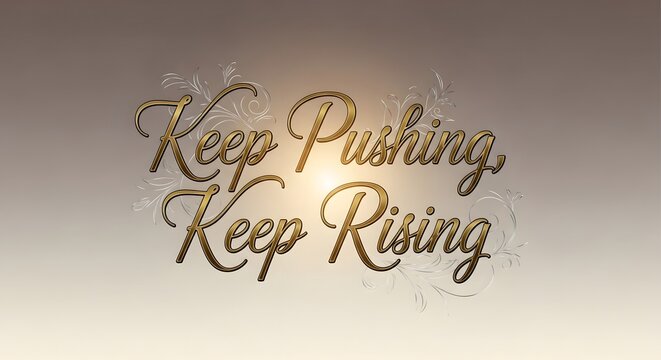 Inspirational quote with the phrase 'Keep Pushing, Keep Rising' written in elegant gold script on a neutral background to motivate perseverance and growth