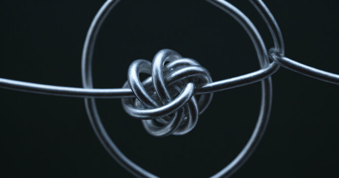 Metal wire twisted into a knot highlights the intricate design and craftsmanship in a dark environment. Generative AI
