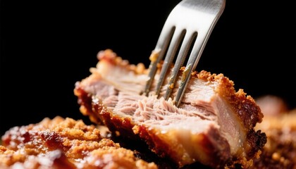 Fork piercing tender pork slice on dark background  