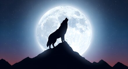 A silhouette of a howling wolf standing on a mountain peak against a full moon in a night sky filled with stars, creating a mystical and serene atmosphere