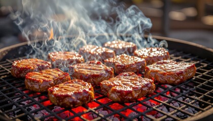 Grilled steaks sizzling on BBQ grill with smoke and red coals  