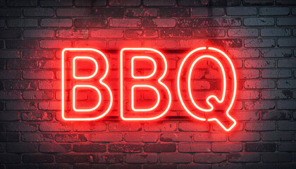 Neon BBQ sign glowing on brick wall in urban style  