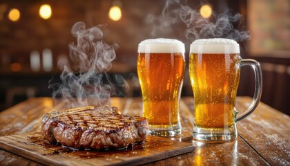 Juicy steak served with two glasses of cold beer on wooden table  