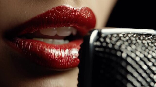 Close-up of female open mouth with red lipstick in front of microphone. Singing a song close up
